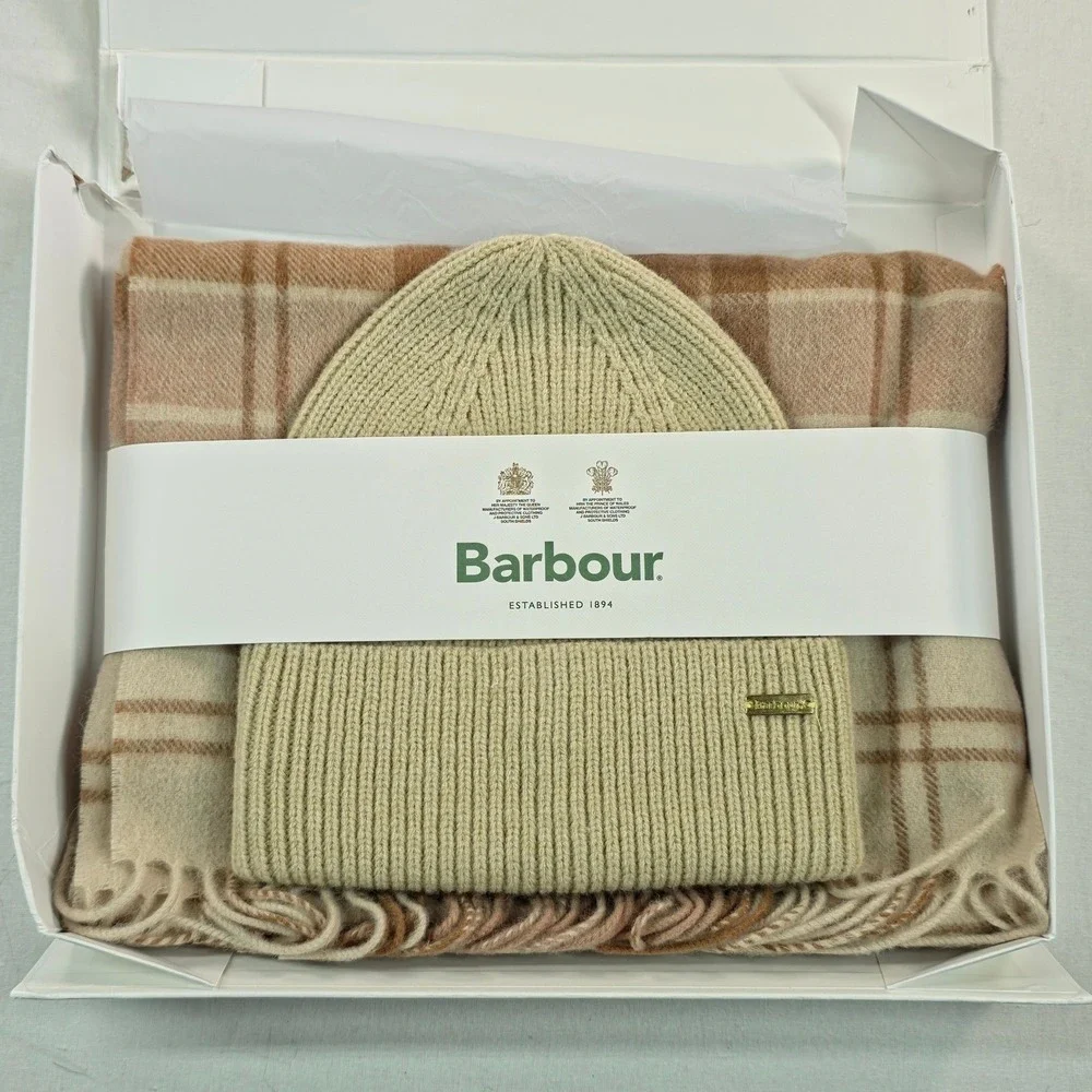 Barbour Women Scarf & Beanie Gift Set OS Camel Plaid Ribbed Knit Warm Luxury NWT